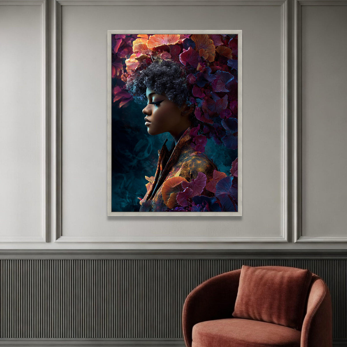 Elegant African Woman Portrait Canvas, Floral Crown Wall Art, Colorful Botanical Design, Modern Home Decoration, Feminine Luxury Home Decor