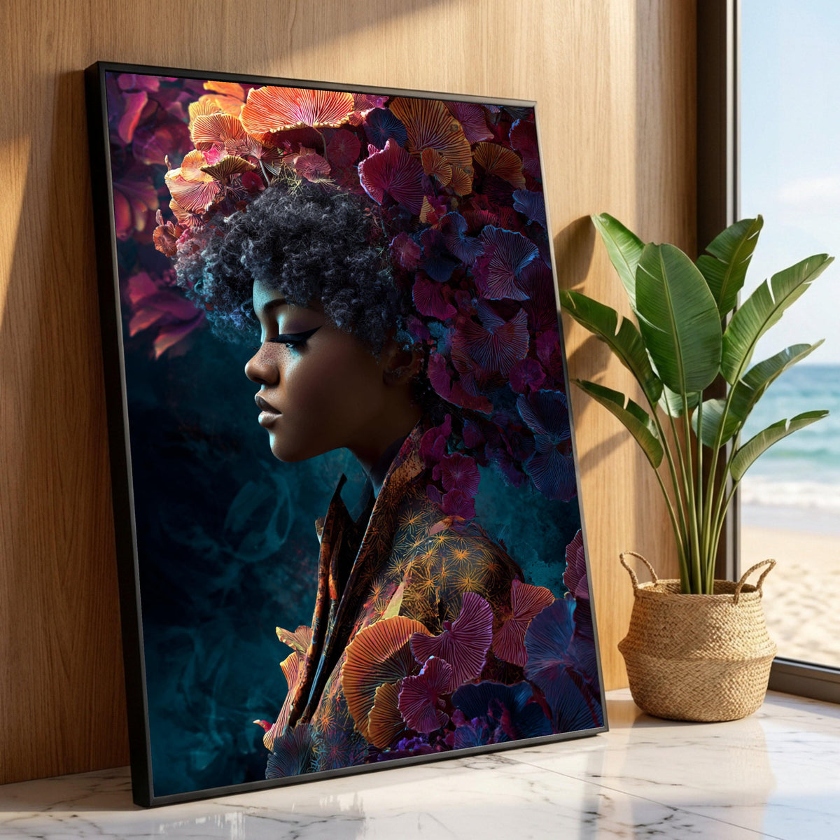 Elegant African Woman Portrait Canvas, Floral Crown Wall Art, Colorful Botanical Design, Modern Home Decoration, Feminine Luxury Home Decor
