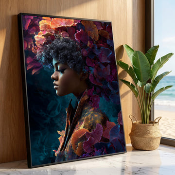 Elegant African Woman Portrait Canvas, Floral Crown Wall Art, Colorful Botanical Design, Modern Home Decoration, Feminine Luxury Home Decor