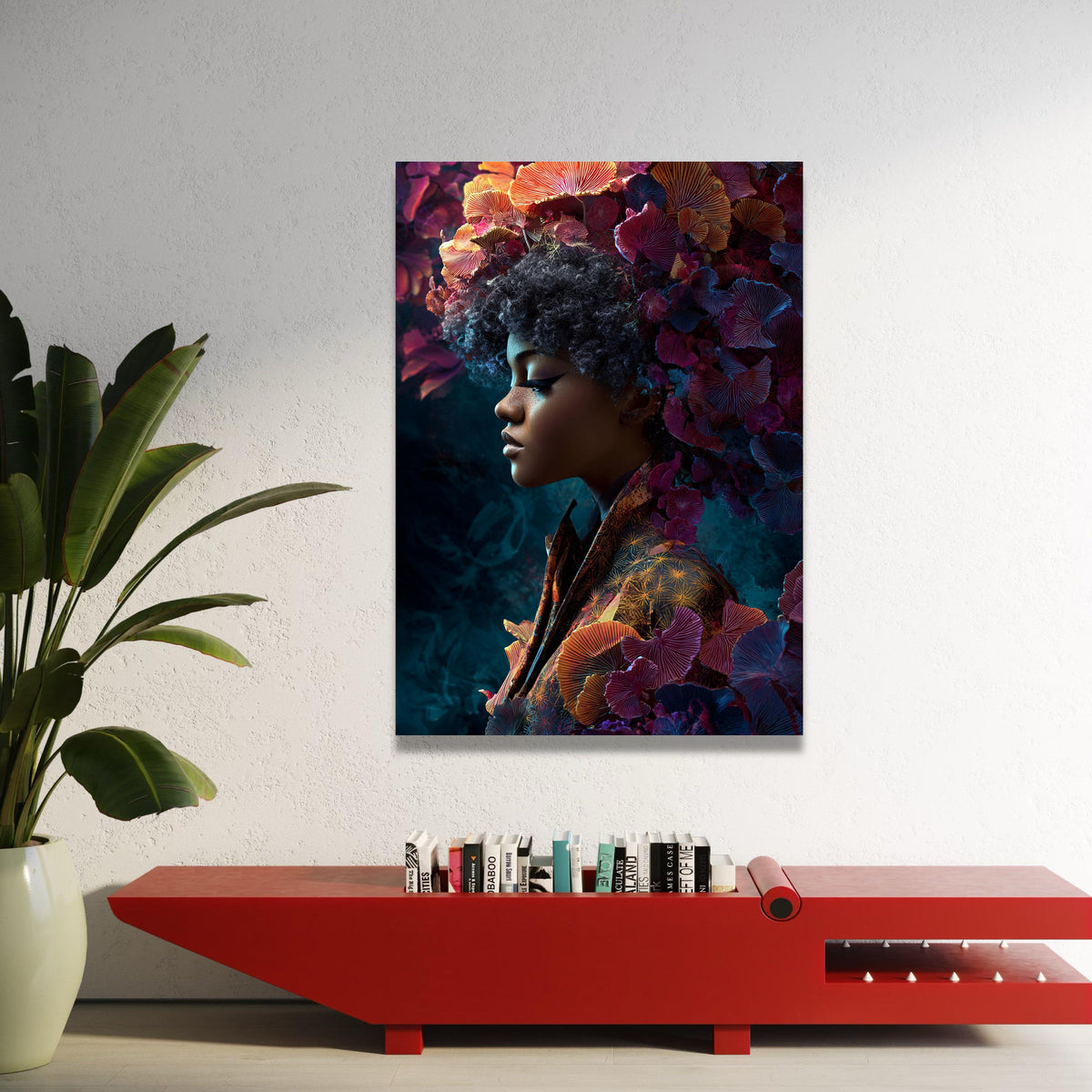 Elegant African Woman Portrait Canvas, Floral Crown Wall Art, Colorful Botanical Design, Modern Home Decoration, Feminine Luxury Home Decor