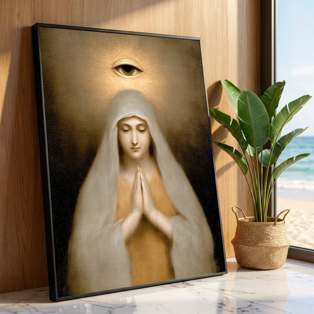 Prayerful Woman White Veil Canvas, Mystical Eye Symbol Wall Art, Spiritual Home Decoration, Meditative Figure Canvas Art Luxury Home Decor