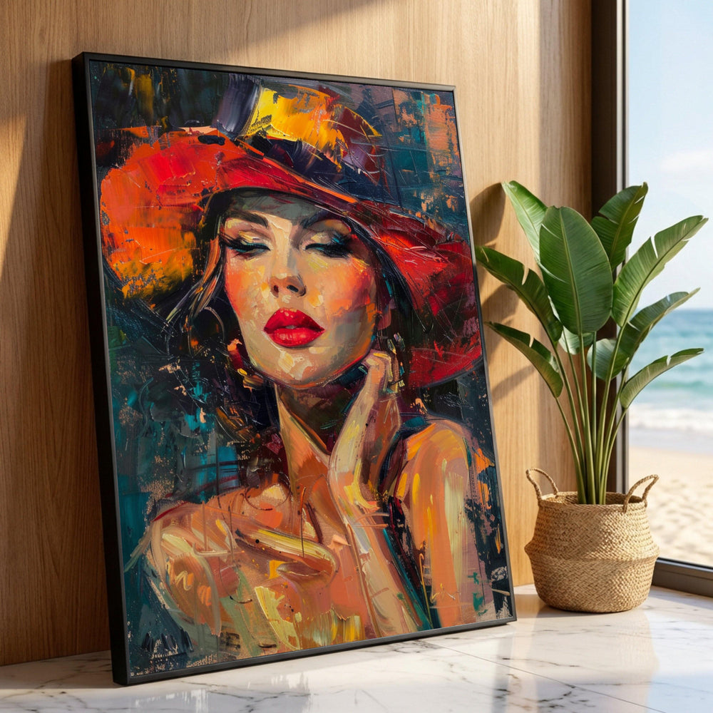 Elegant Woman Red Hat Canvas Wall Art, Modern Portrait Painting, Glamorous Female Face Canvas, Fashion Art Decor, Vibrant Luxury Home Decor