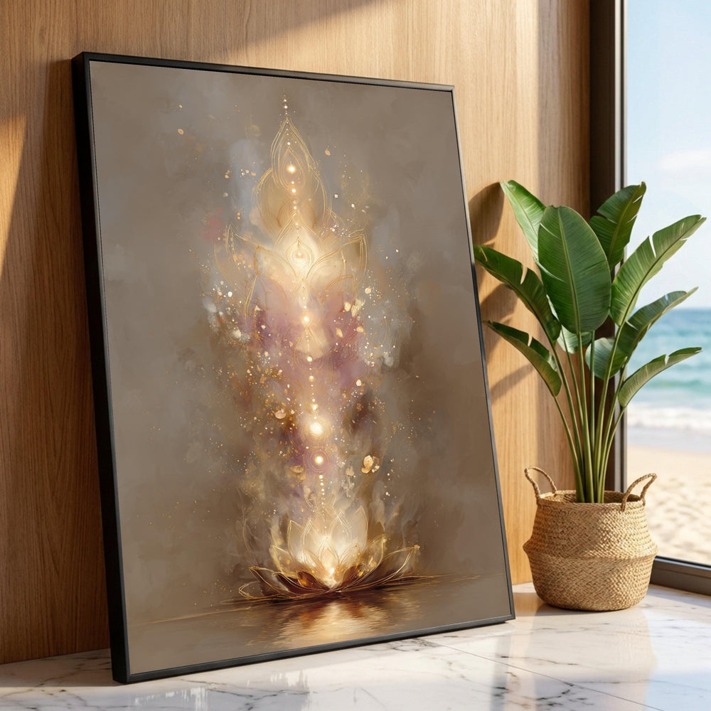 Radiant Lotus Bloom Canvas, Spiritual Glow Wall Art, Meditation Decor, Golden Light Abstract Canvas, Tranquil Home Luxury Home Decor