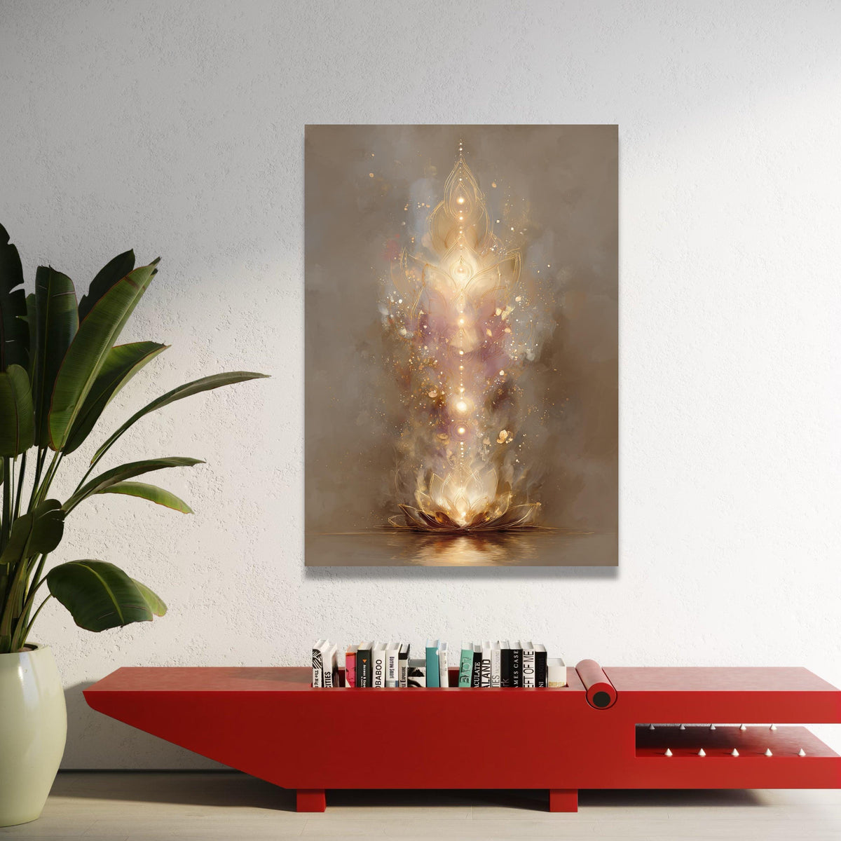 Radiant Lotus Bloom Canvas, Spiritual Glow Wall Art, Meditation Decor, Golden Light Abstract Canvas, Tranquil Home Luxury Home Decor