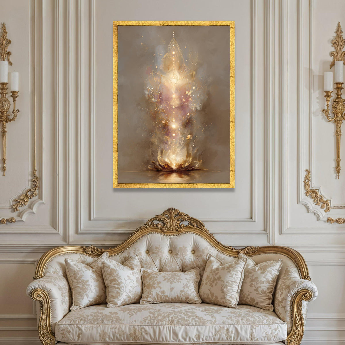 Radiant Lotus Bloom Canvas, Spiritual Glow Wall Art, Meditation Decor, Golden Light Abstract Canvas, Tranquil Home Luxury Home Decor