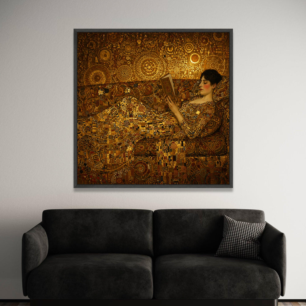 Elegant Woman Reading Canvas, Golden Geometric Pattern Art, Luxe Home Decor, Abstract Victorian Style Wall Art, Relaxation Luxury Home Decor