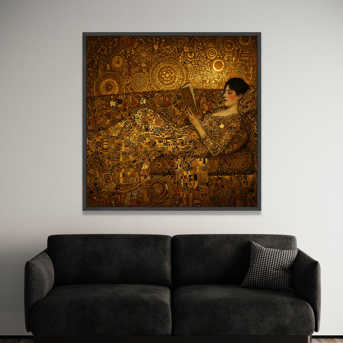 Elegant Woman Reading Canvas, Golden Geometric Pattern Art, Luxe Home Decor, Abstract Victorian Style Wall Art, Relaxation Luxury Home Decor