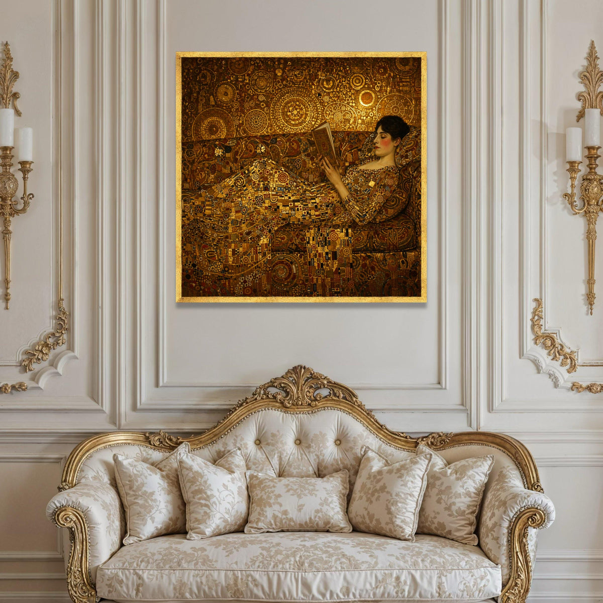 Elegant Woman Reading Canvas, Golden Geometric Pattern Art, Luxe Home Decor, Abstract Victorian Style Wall Art, Relaxation Luxury Home Decor