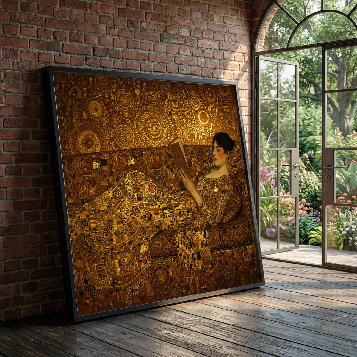 Elegant Woman Reading Canvas, Golden Geometric Pattern Art, Luxe Home Decor, Abstract Victorian Style Wall Art, Relaxation Luxury Home Decor
