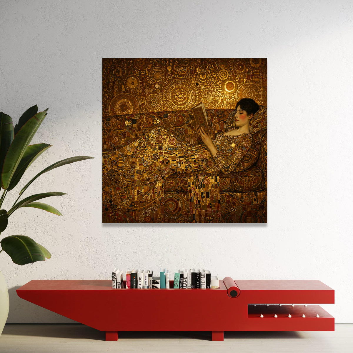 Elegant Woman Reading Canvas, Golden Geometric Pattern Art, Luxe Home Decor, Abstract Victorian Style Wall Art, Relaxation Luxury Home Decor