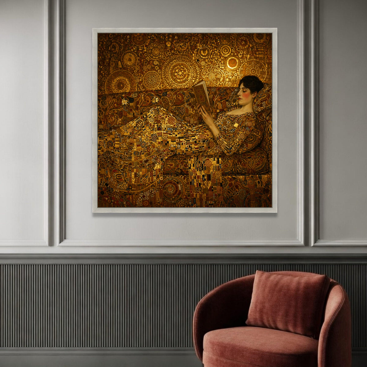 Elegant Woman Reading Canvas, Golden Geometric Pattern Art, Luxe Home Decor, Abstract Victorian Style Wall Art, Relaxation Luxury Home Decor