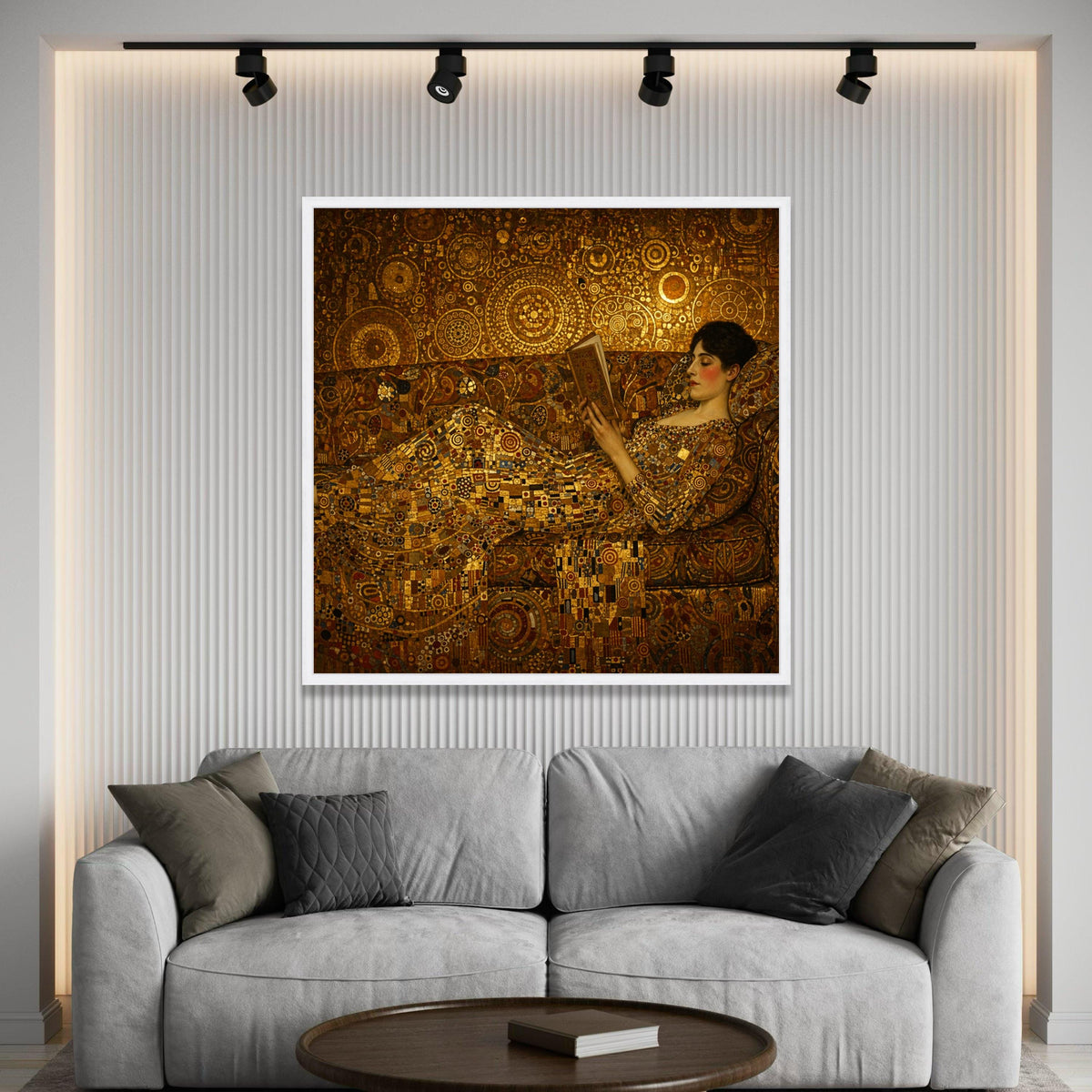 Elegant Woman Reading Canvas, Golden Geometric Pattern Art, Luxe Home Decor, Abstract Victorian Style Wall Art, Relaxation Luxury Home Decor