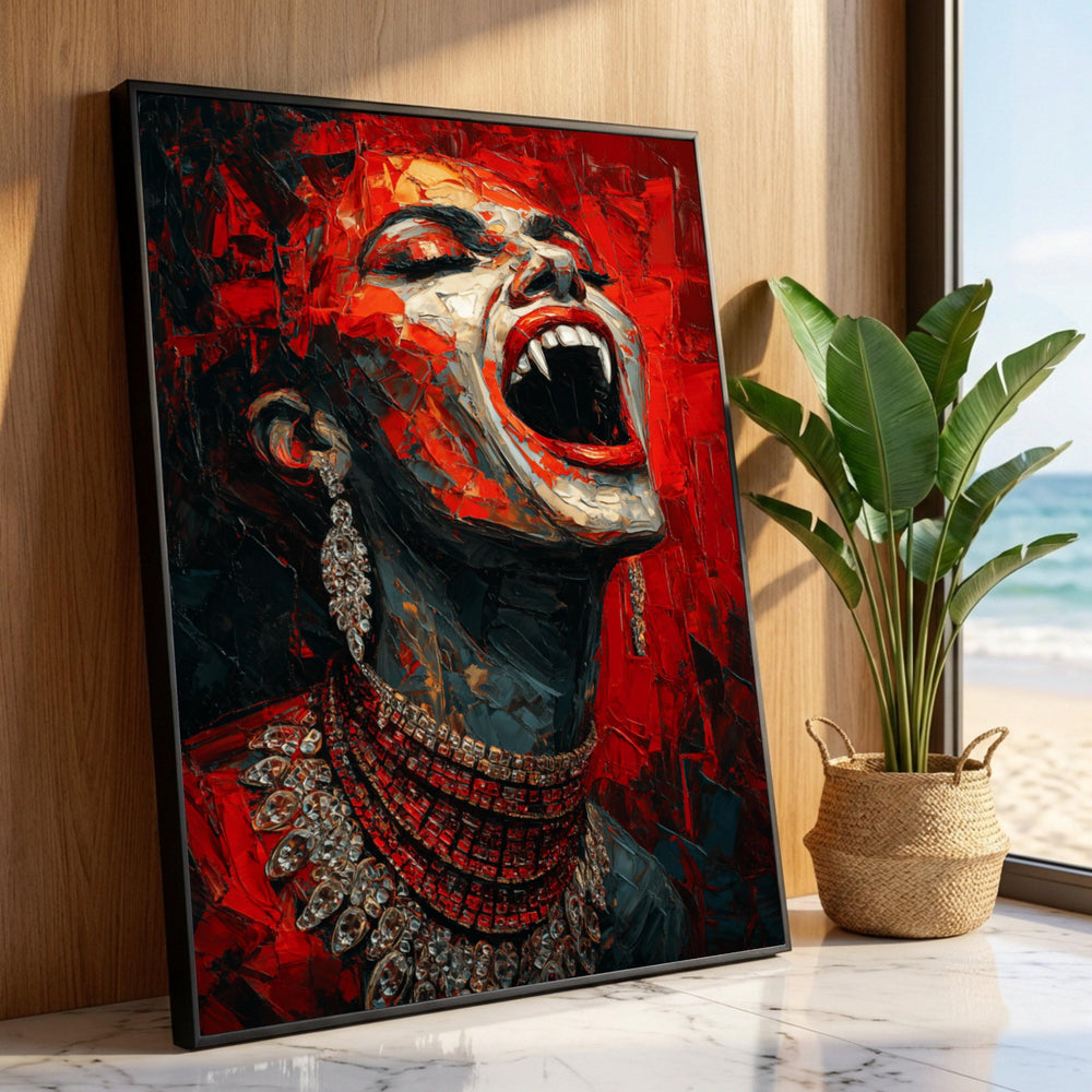 Fierce Vampire Portrait Canvas, Red and Black Abstract Wall Art, Gothic Face Painting, Dramatic Home Decoration, Ready to Luxury Home Decor