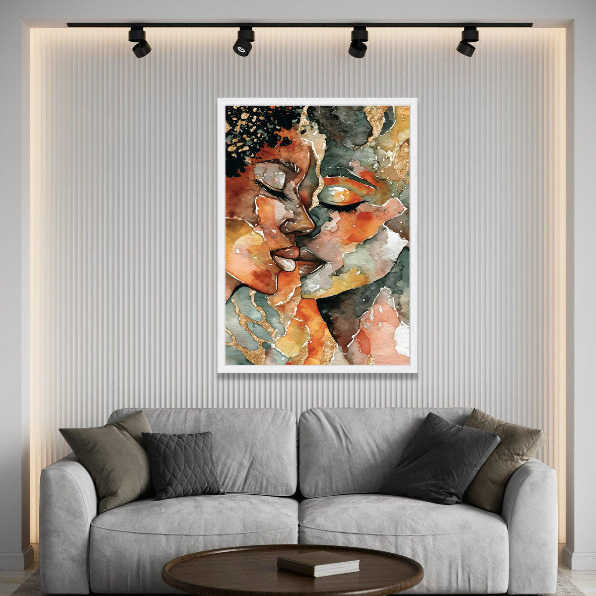 Intimate Embrace Abstract Canvas, Romantic Couple Art, Watercolor Portrait Wall Art, Modern Home Decoration, Emotional Luxury Home Decor