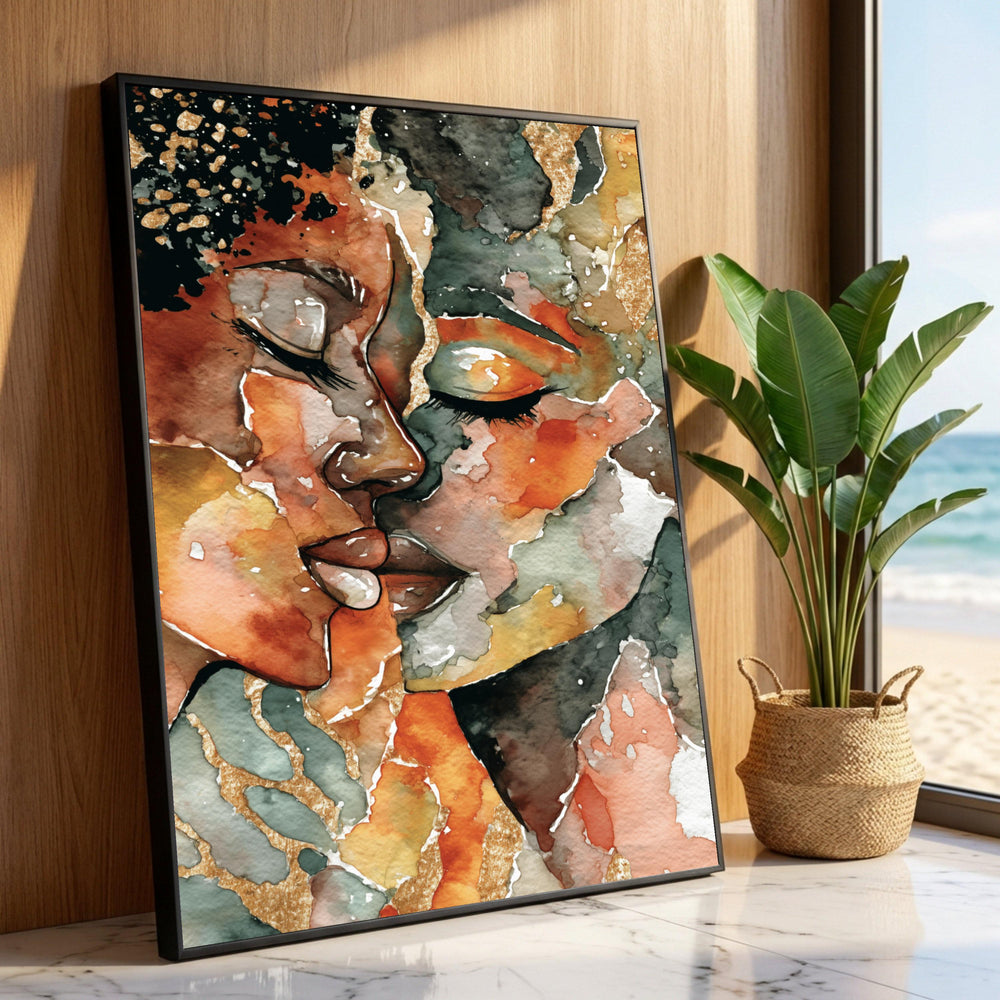 Intimate Embrace Abstract Canvas, Romantic Couple Art, Watercolor Portrait Wall Art, Modern Home Decoration, Emotional Luxury Home Decor