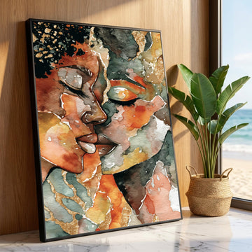 Intimate Embrace Abstract Canvas, Romantic Couple Art, Watercolor Portrait Wall Art, Modern Home Decoration, Emotional Luxury Home Decor