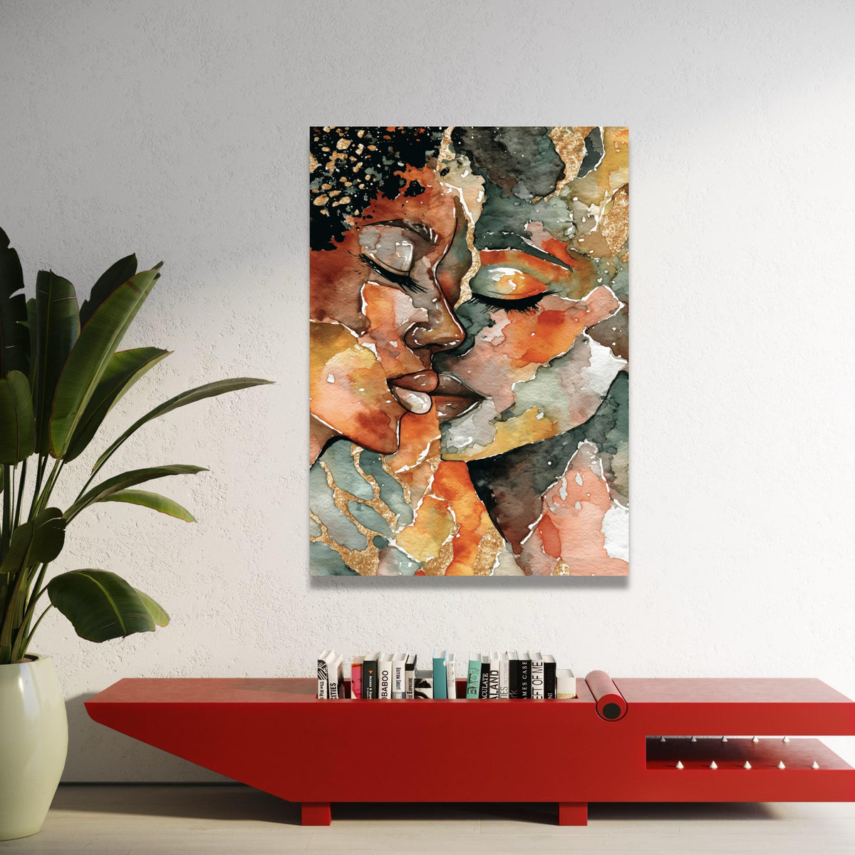 Intimate Embrace Abstract Canvas, Romantic Couple Art, Watercolor Portrait Wall Art, Modern Home Decoration, Emotional Luxury Home Decor