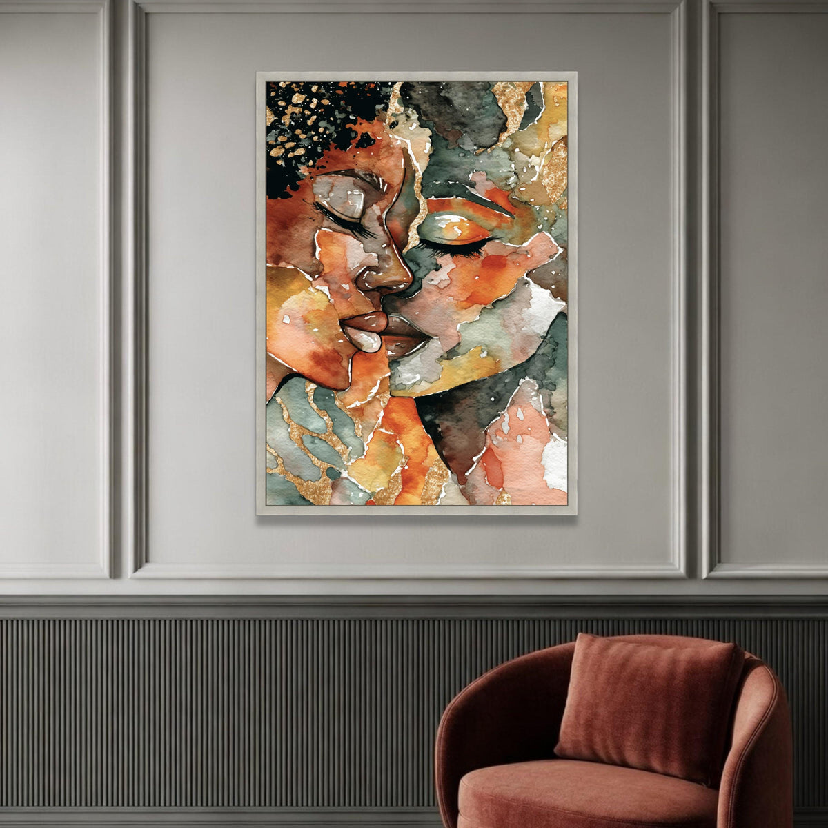 Intimate Embrace Abstract Canvas, Romantic Couple Art, Watercolor Portrait Wall Art, Modern Home Decoration, Emotional Luxury Home Decor