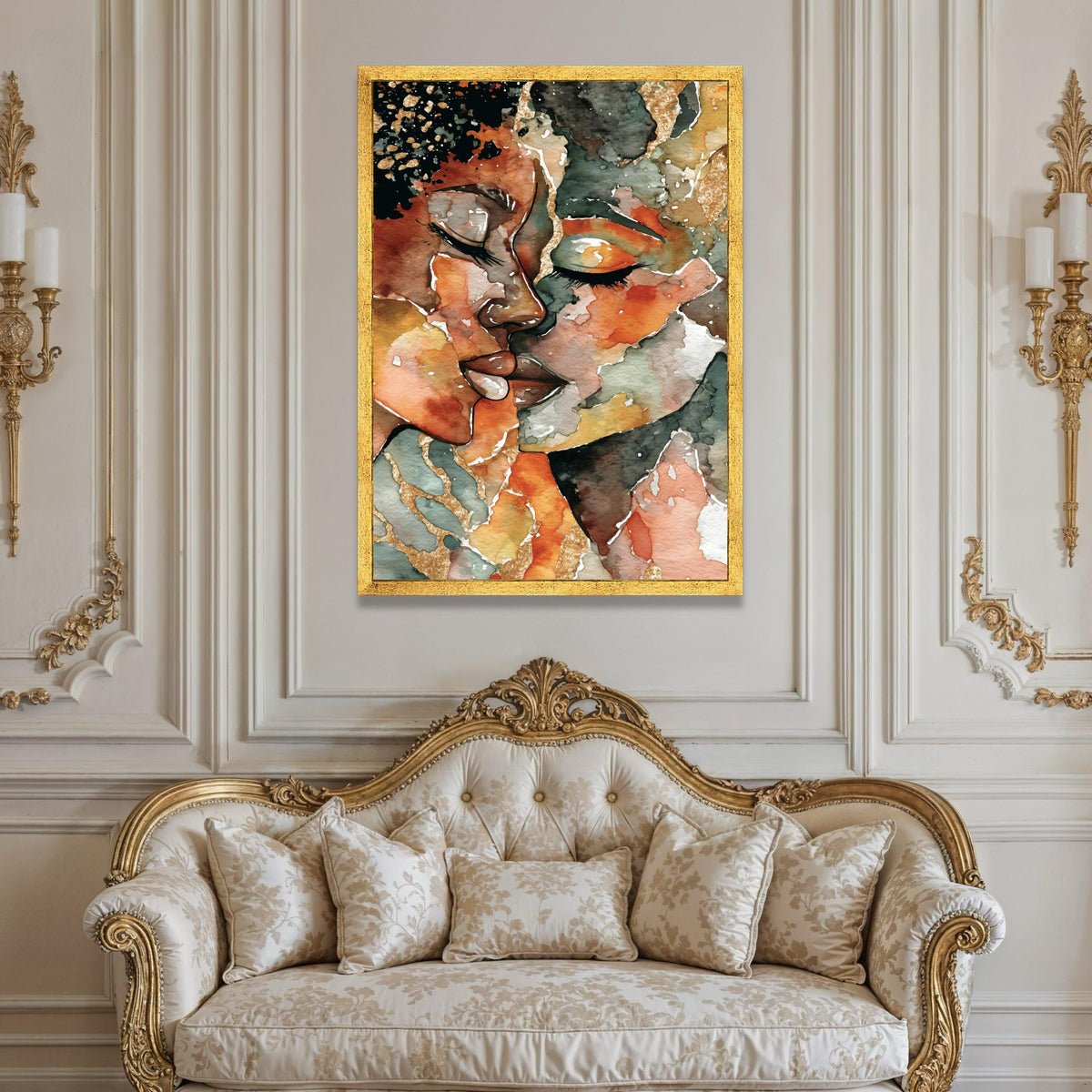 Intimate Embrace Abstract Canvas, Romantic Couple Art, Watercolor Portrait Wall Art, Modern Home Decoration, Emotional Luxury Home Decor