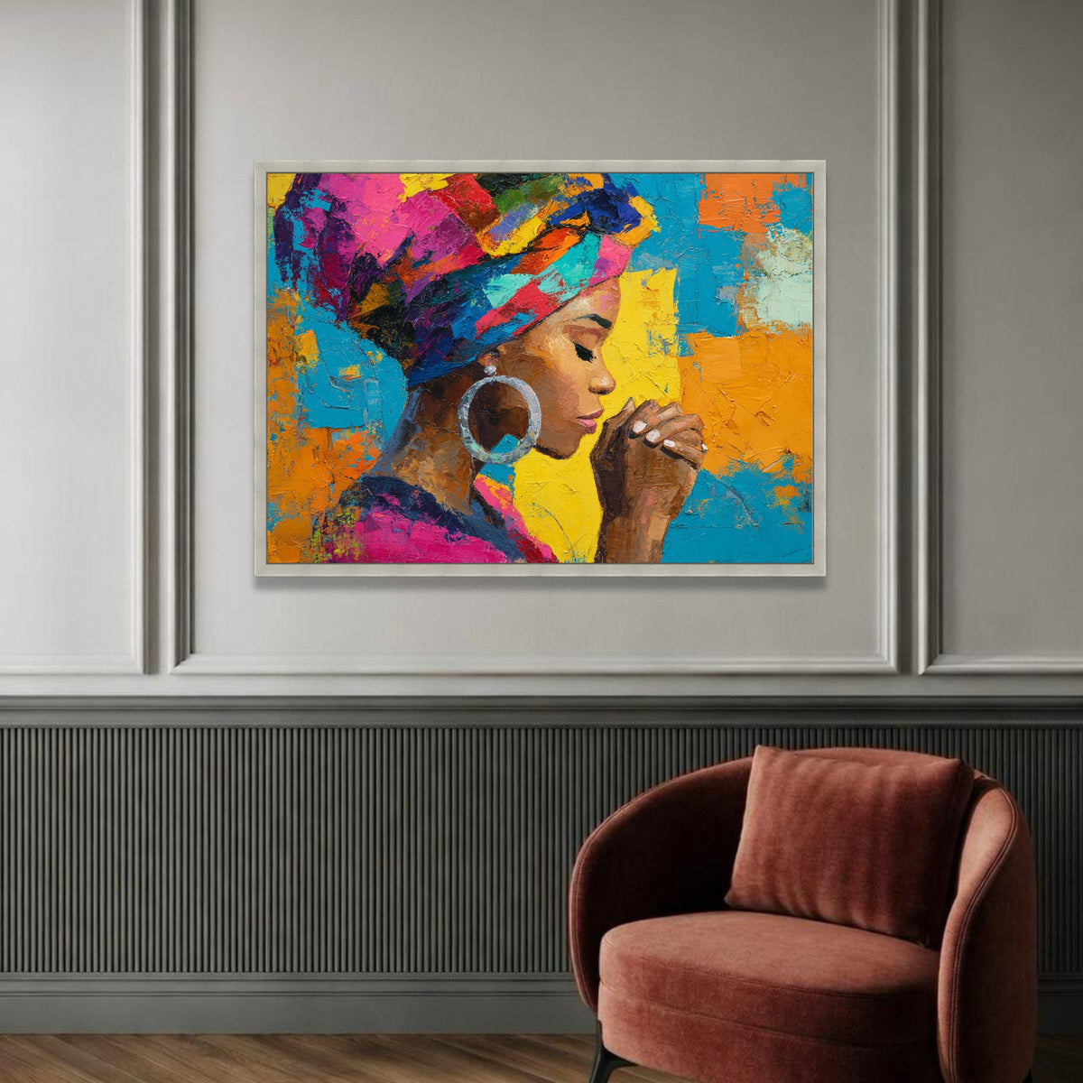 Bold Colorful Portrait Canvas, African Woman Wall Art, Vibrant Headwrap Canvas, Praying Pose Artwork, Modern Home Luxury Home Decor