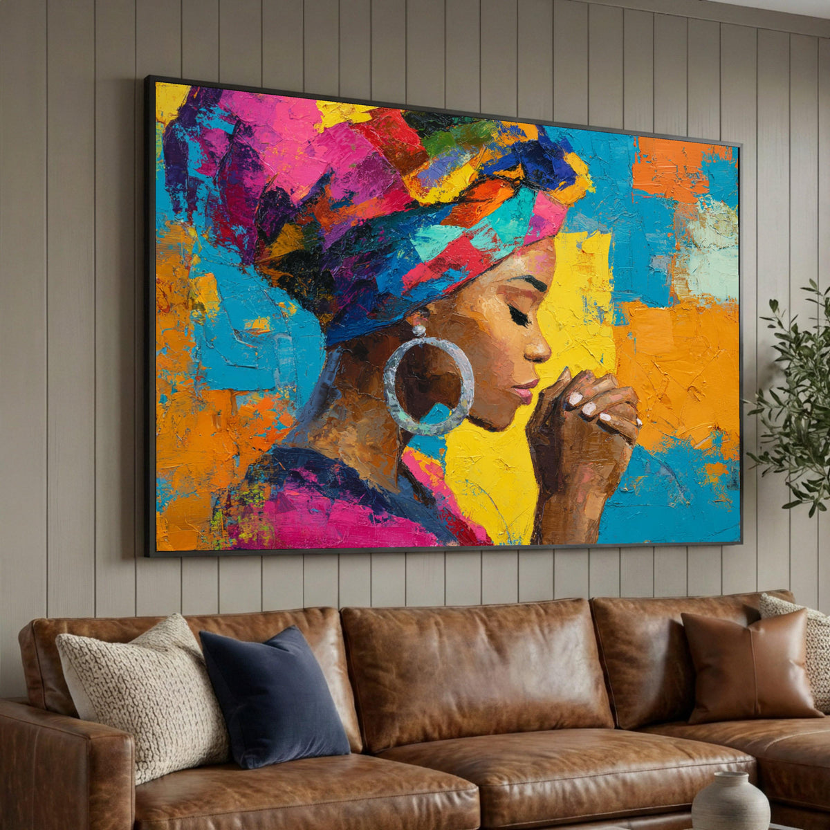 Bold Colorful Portrait Canvas, African Woman Wall Art, Vibrant Headwrap Canvas, Praying Pose Artwork, Modern Home Luxury Home Decor