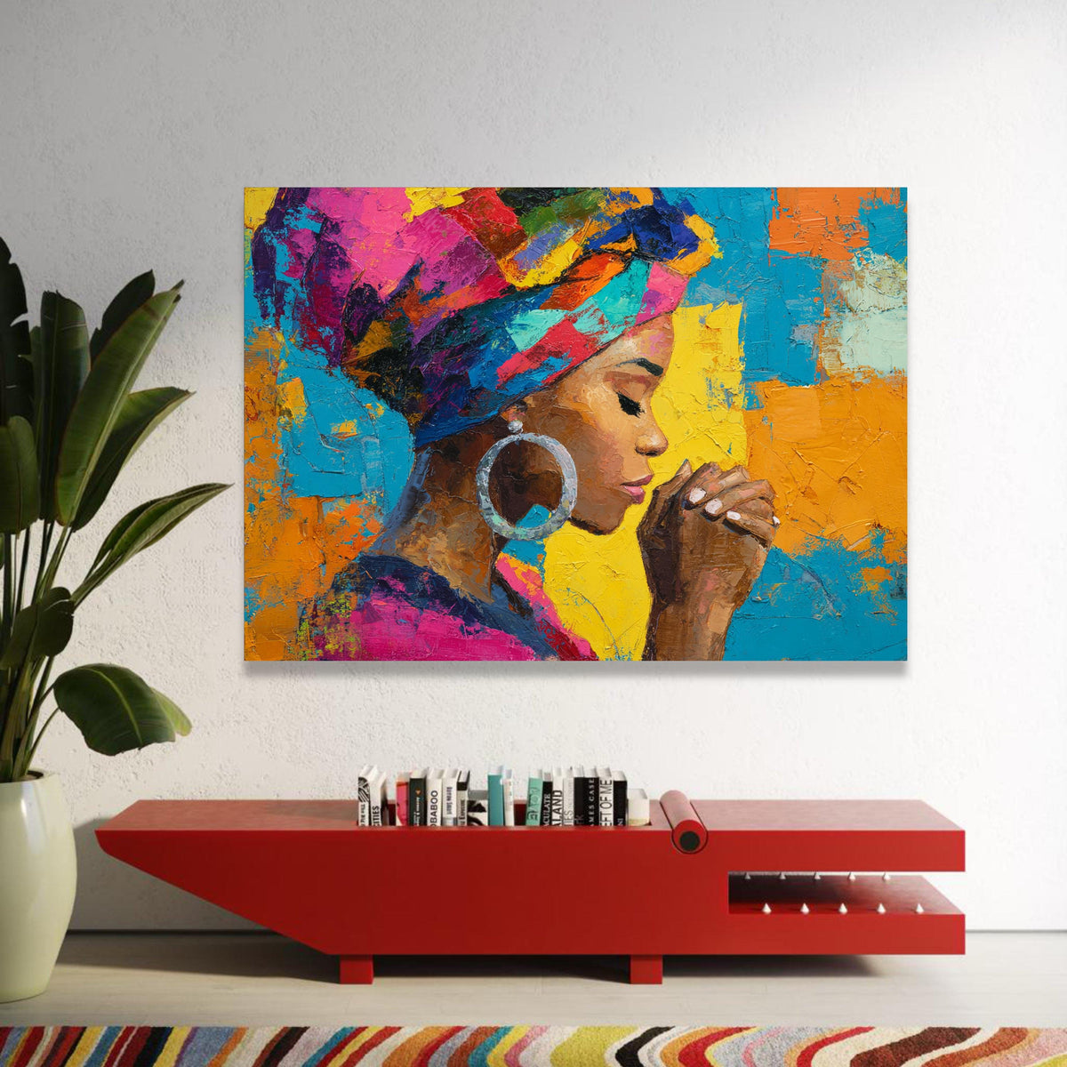 Bold Colorful Portrait Canvas, African Woman Wall Art, Vibrant Headwrap Canvas, Praying Pose Artwork, Modern Home Luxury Home Decor