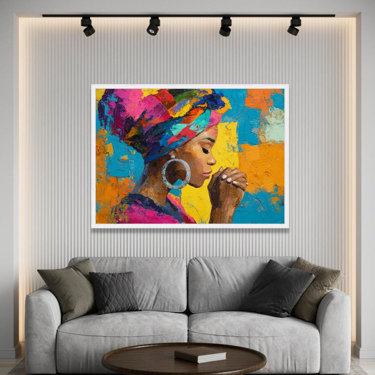 Bold Colorful Portrait Canvas, African Woman Wall Art, Vibrant Headwrap Canvas, Praying Pose Artwork, Modern Home Luxury Home Decor