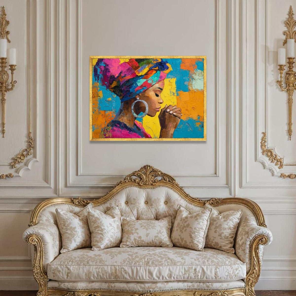 Bold Colorful Portrait Canvas, African Woman Wall Art, Vibrant Headwrap Canvas, Praying Pose Artwork, Modern Home Luxury Home Decor