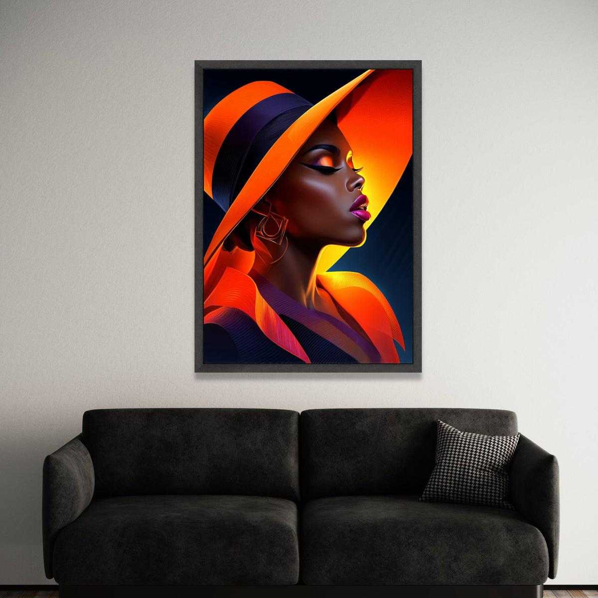 Elegant Woman Orange Hat Canvas, Fashion Portrait Wall Art, Modern Glamour Decor, Chic Profile Canvas, Vibrant Color Art Luxury Home Decor