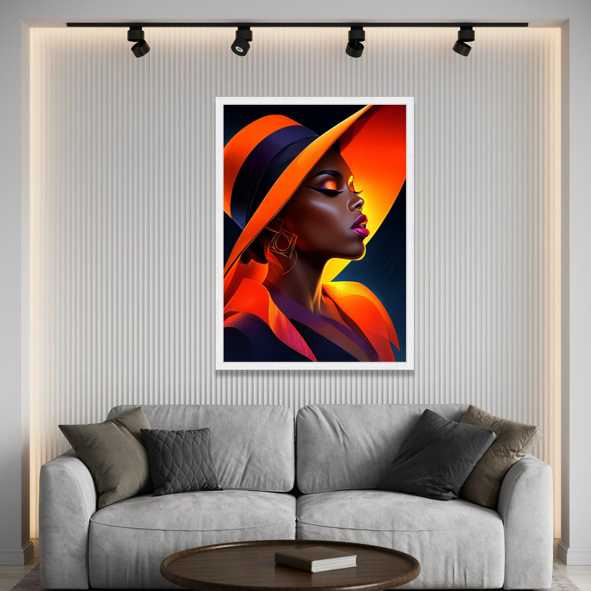 Elegant Woman Orange Hat Canvas, Fashion Portrait Wall Art, Modern Glamour Decor, Chic Profile Canvas, Vibrant Color Art Luxury Home Decor