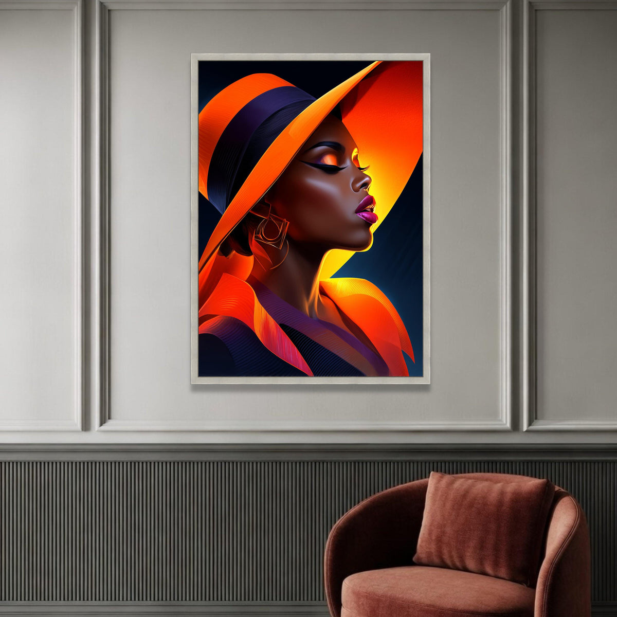 Elegant Woman Orange Hat Canvas, Fashion Portrait Wall Art, Modern Glamour Decor, Chic Profile Canvas, Vibrant Color Art Luxury Home Decor