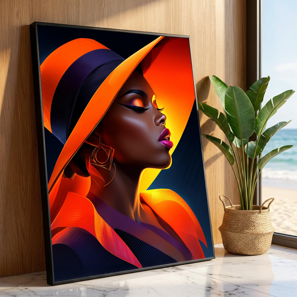 Elegant Woman Orange Hat Canvas, Fashion Portrait Wall Art, Modern Glamour Decor, Chic Profile Canvas, Vibrant Color Art Luxury Home Decor