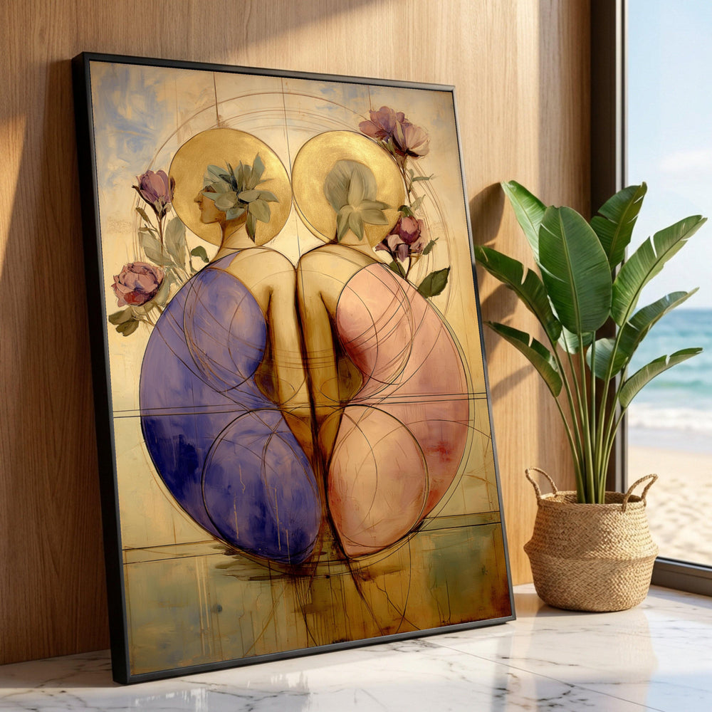 Elegant Dual Figures Canvas, Abstract Female Silhouettes, Golden Halo Wall Art, Floral Accents Canvas, Modern Decorative Luxury Home Decor
