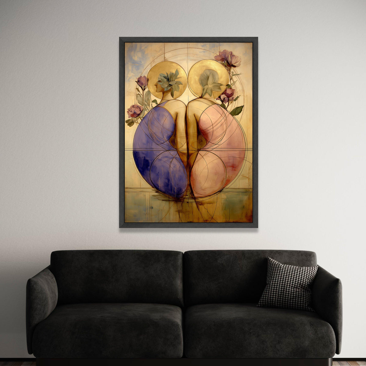 Elegant Dual Figures Canvas, Abstract Female Silhouettes, Golden Halo Wall Art, Floral Accents Canvas, Modern Decorative Luxury Home Decor