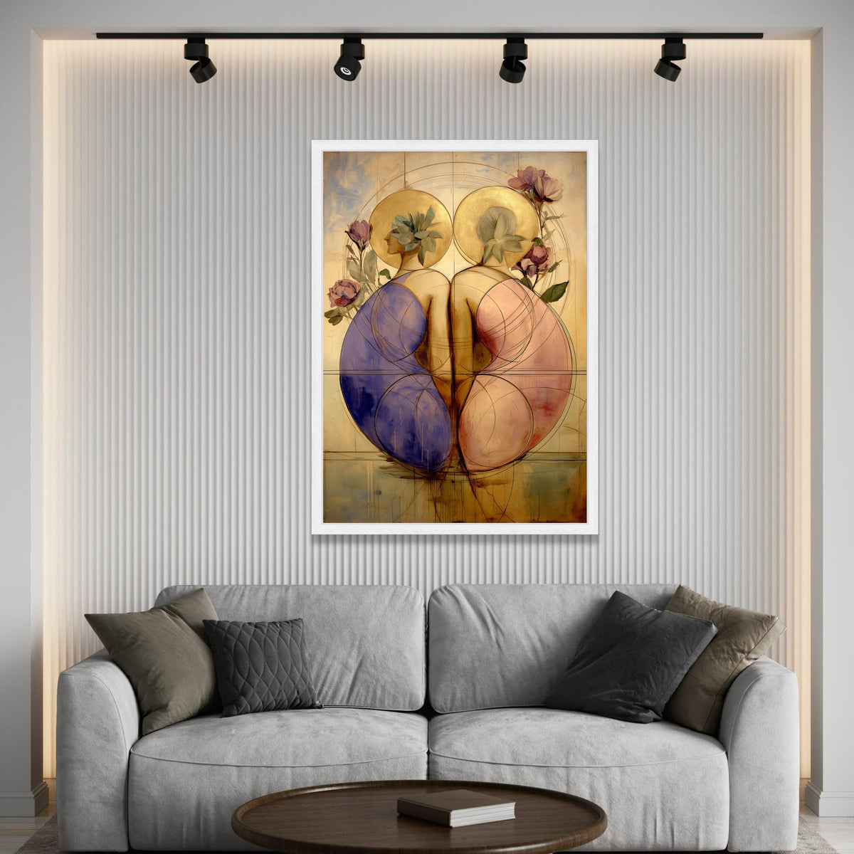 Elegant Dual Figures Canvas, Abstract Female Silhouettes, Golden Halo Wall Art, Floral Accents Canvas, Modern Decorative Luxury Home Decor