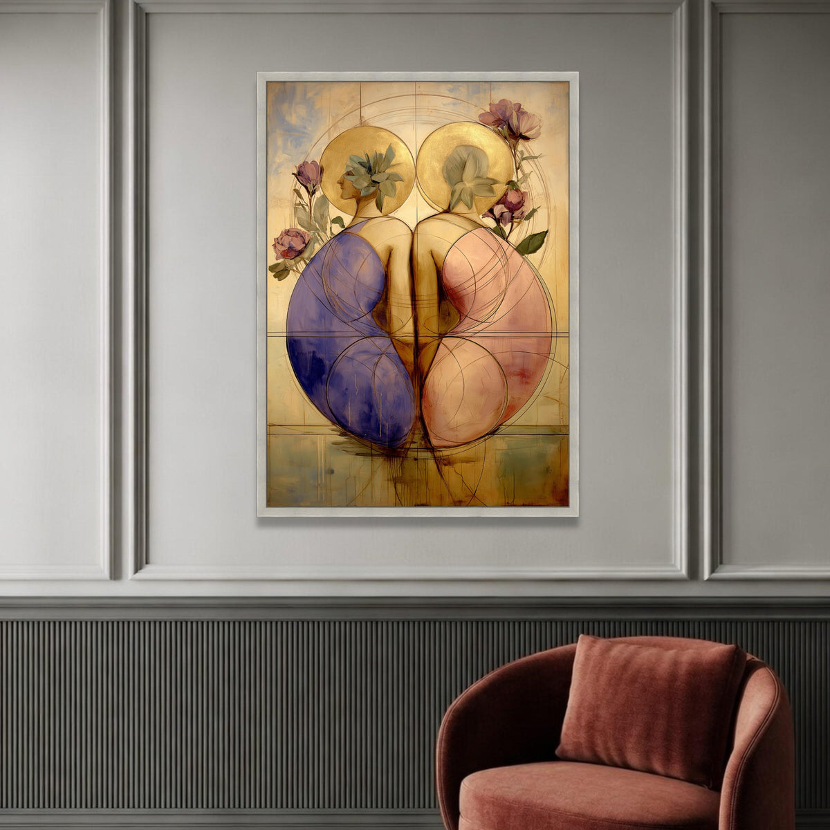 Elegant Dual Figures Canvas, Abstract Female Silhouettes, Golden Halo Wall Art, Floral Accents Canvas, Modern Decorative Luxury Home Decor