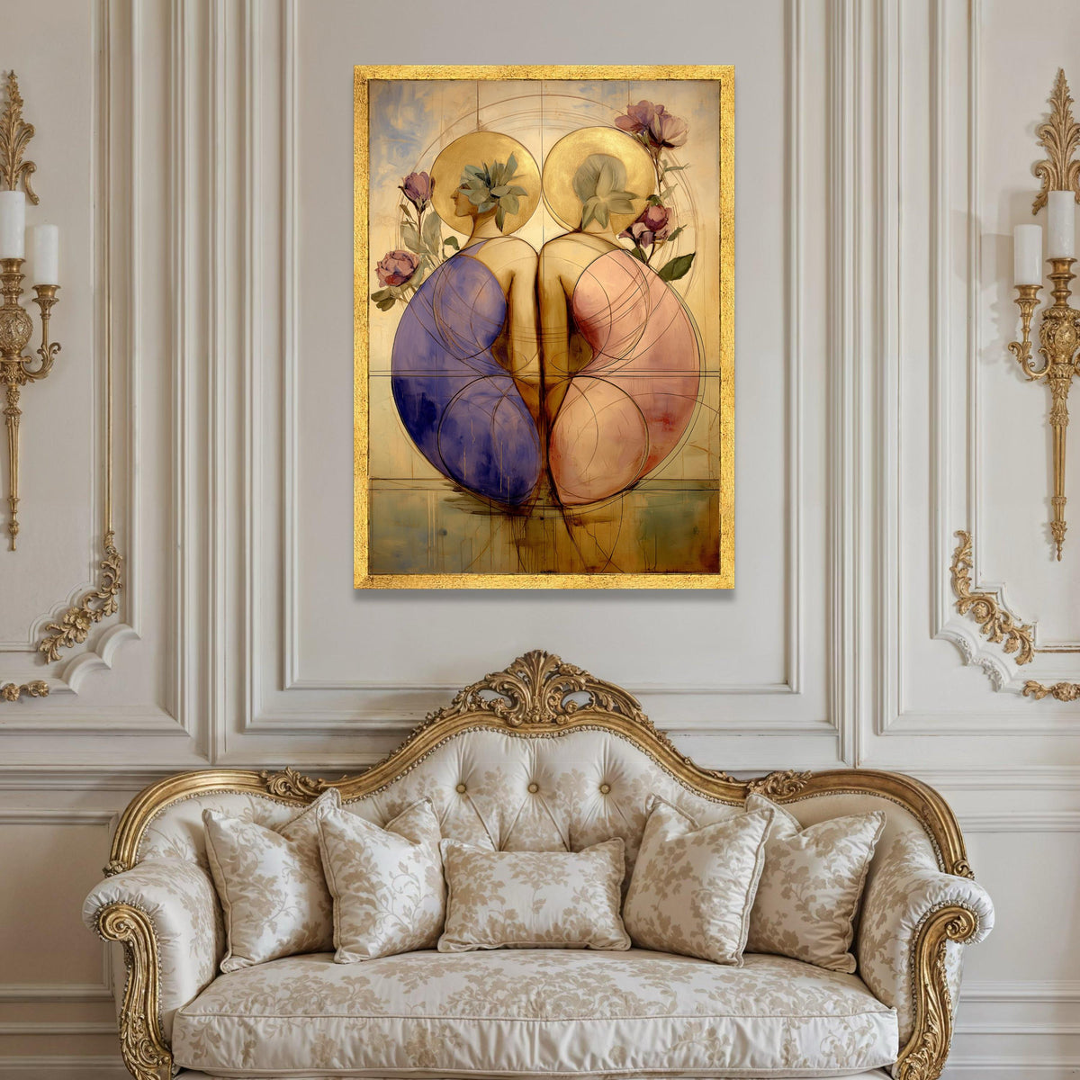 Elegant Dual Figures Canvas, Abstract Female Silhouettes, Golden Halo Wall Art, Floral Accents Canvas, Modern Decorative Luxury Home Decor