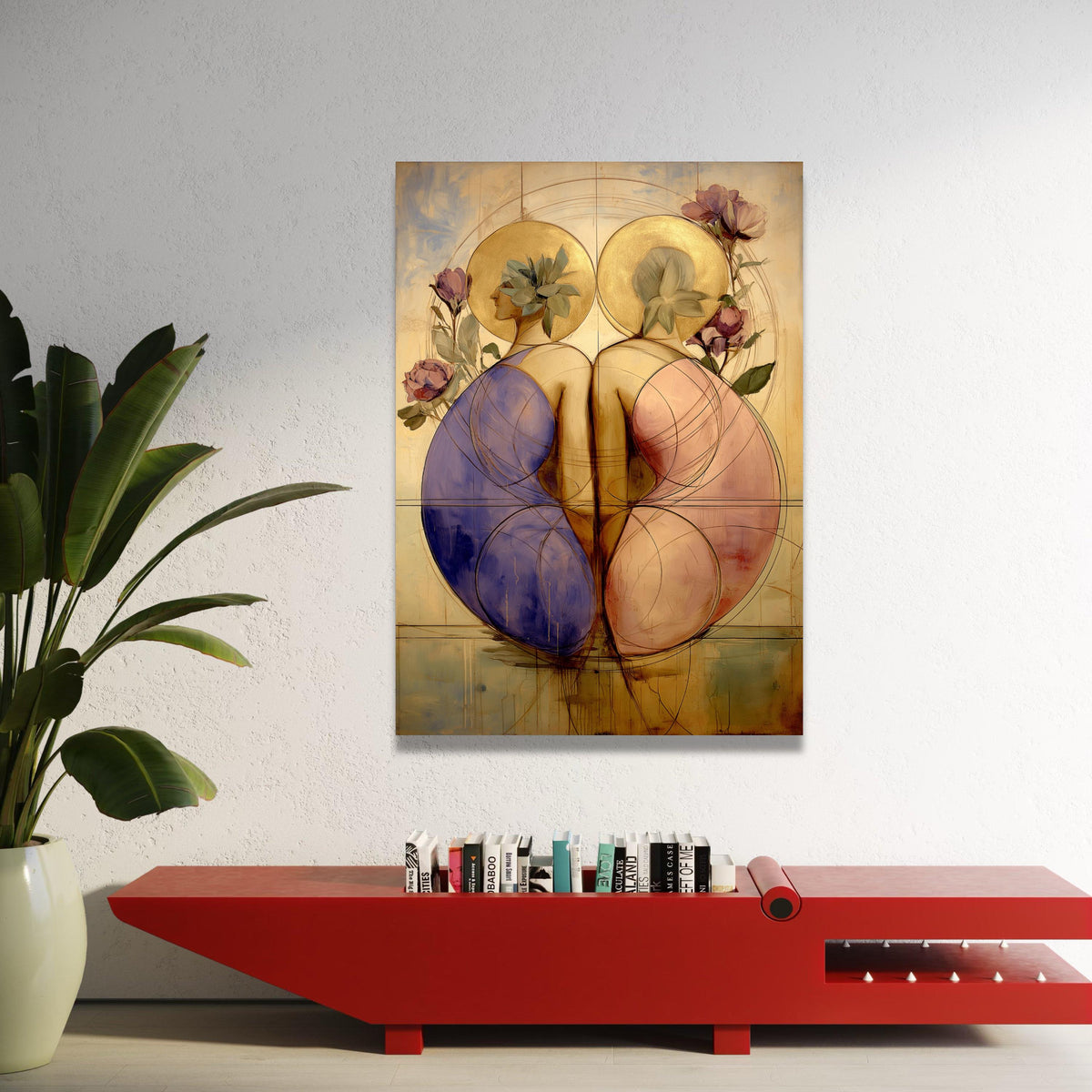 Elegant Dual Figures Canvas, Abstract Female Silhouettes, Golden Halo Wall Art, Floral Accents Canvas, Modern Decorative Luxury Home Decor