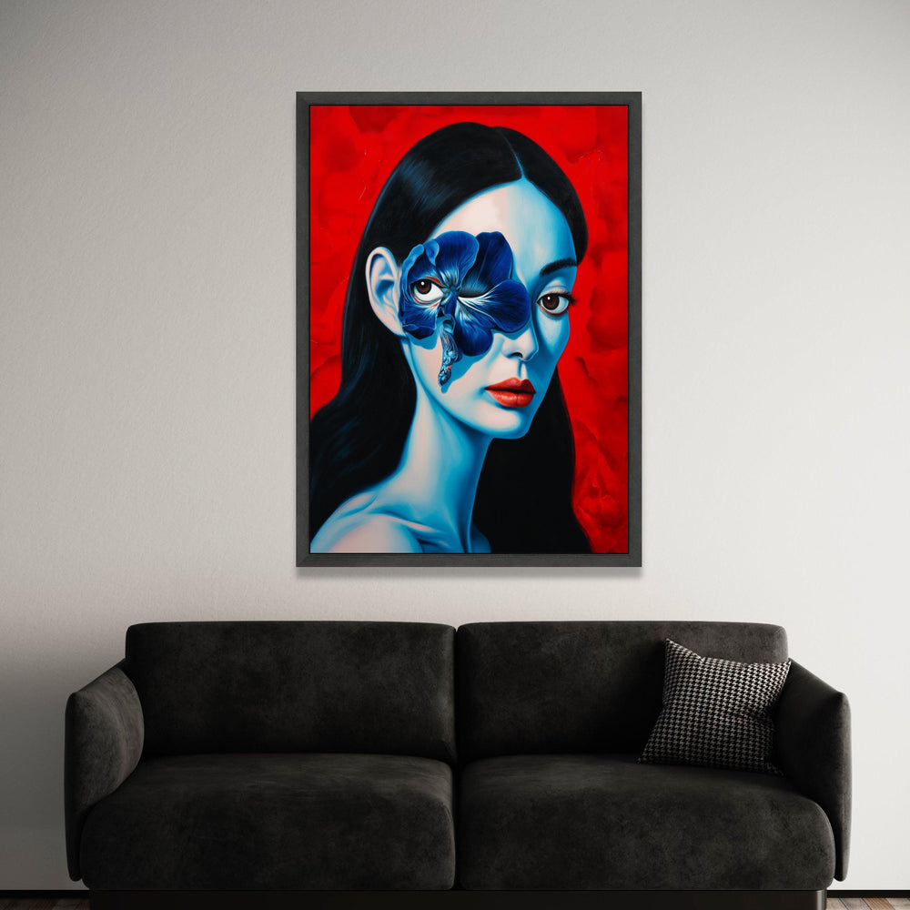 Surreal Woman Portrait with Blue Flower Canvas, Bold Red Background Wall Art, Modern Decorative Canvas, Unique Face Art Luxury Home Decor