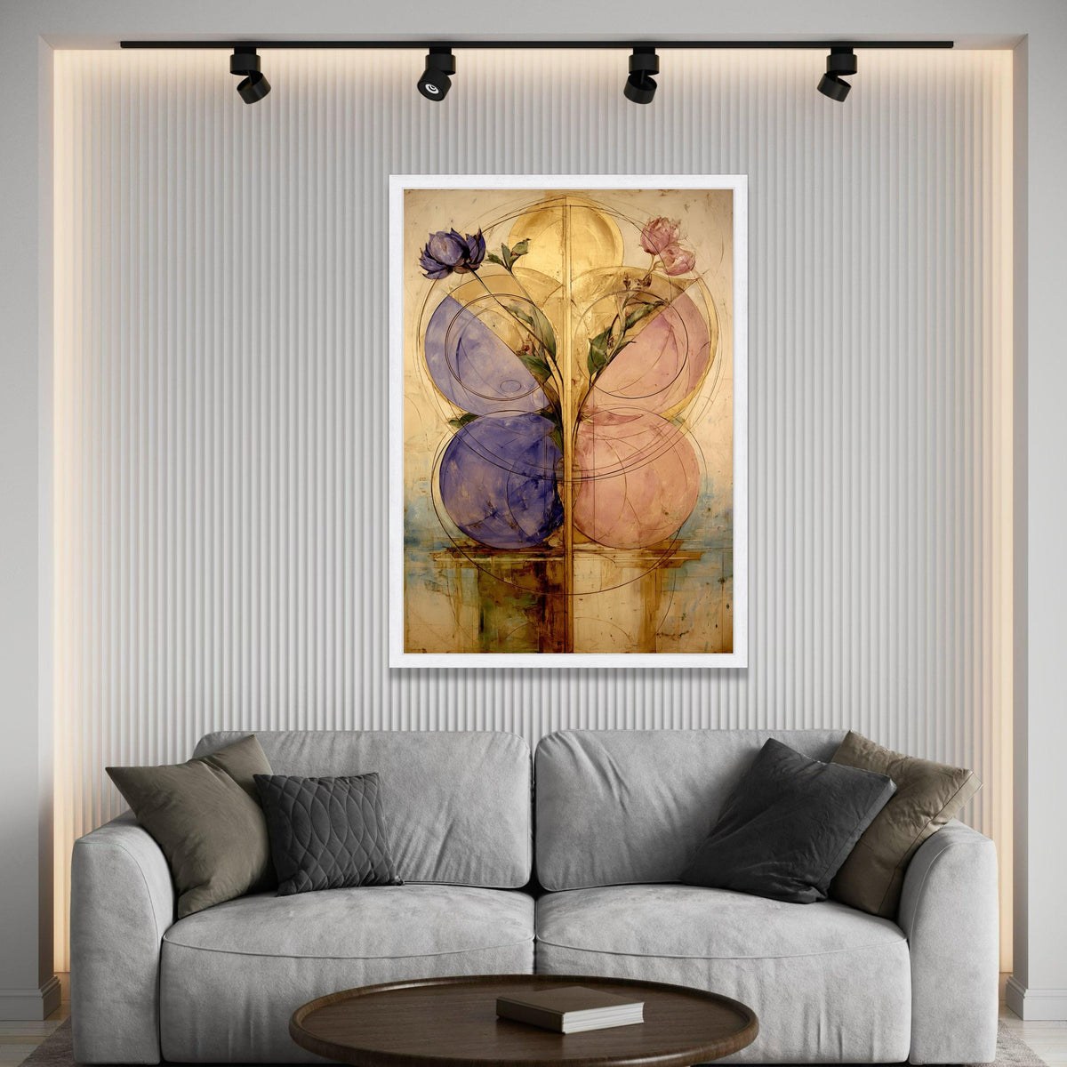 Abstract Floral Geometry Canvas, Blue and Pink Flowers Wall Art, Modern Botanical Canvas, Gold Accents Home Decor, Luxury Home Decor