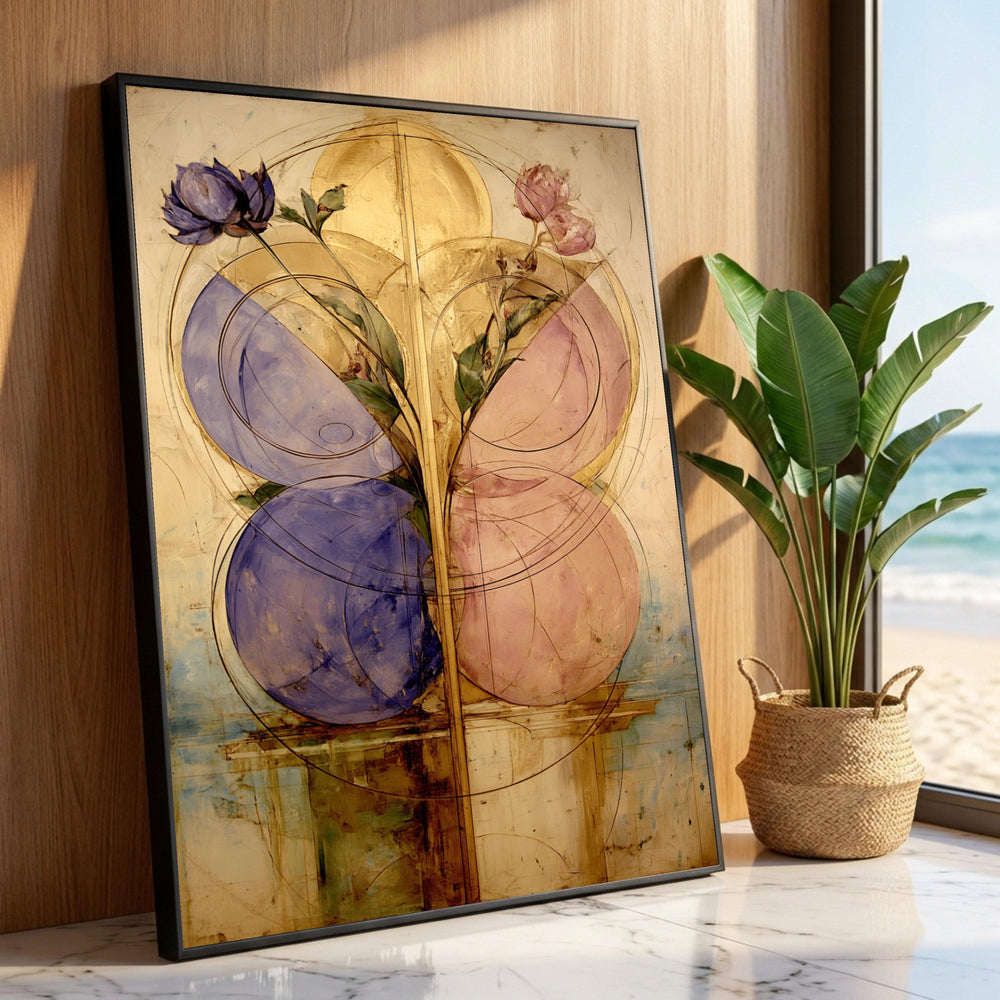 Abstract Floral Geometry Canvas, Blue and Pink Flowers Wall Art, Modern Botanical Canvas, Gold Accents Home Decor, Luxury Home Decor