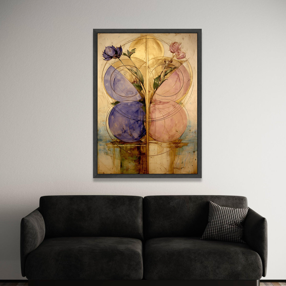 Abstract Floral Geometry Canvas, Blue and Pink Flowers Wall Art, Modern Botanical Canvas, Gold Accents Home Decor, Luxury Home Decor