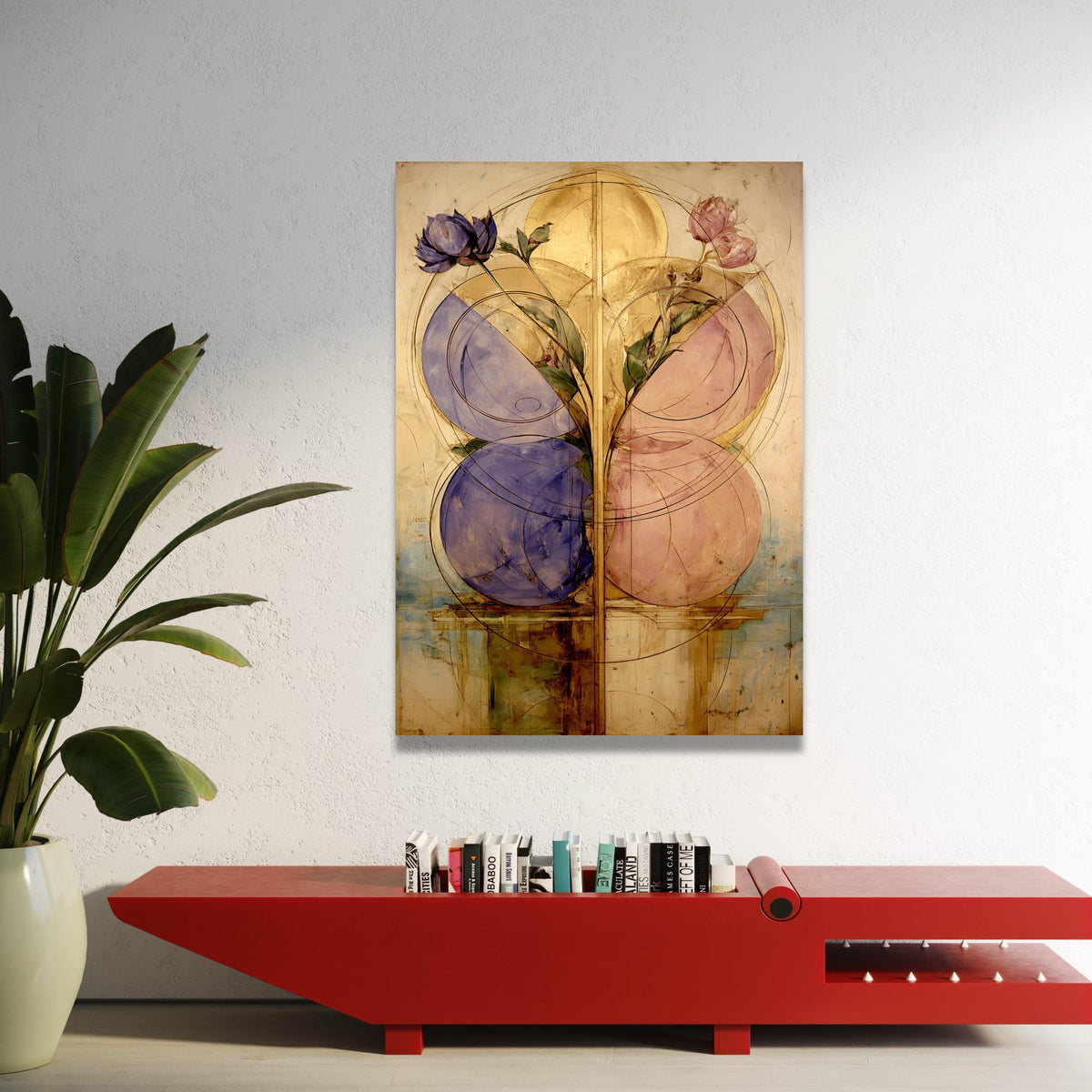 Abstract Floral Geometry Canvas, Blue and Pink Flowers Wall Art, Modern Botanical Canvas, Gold Accents Home Decor, Luxury Home Decor