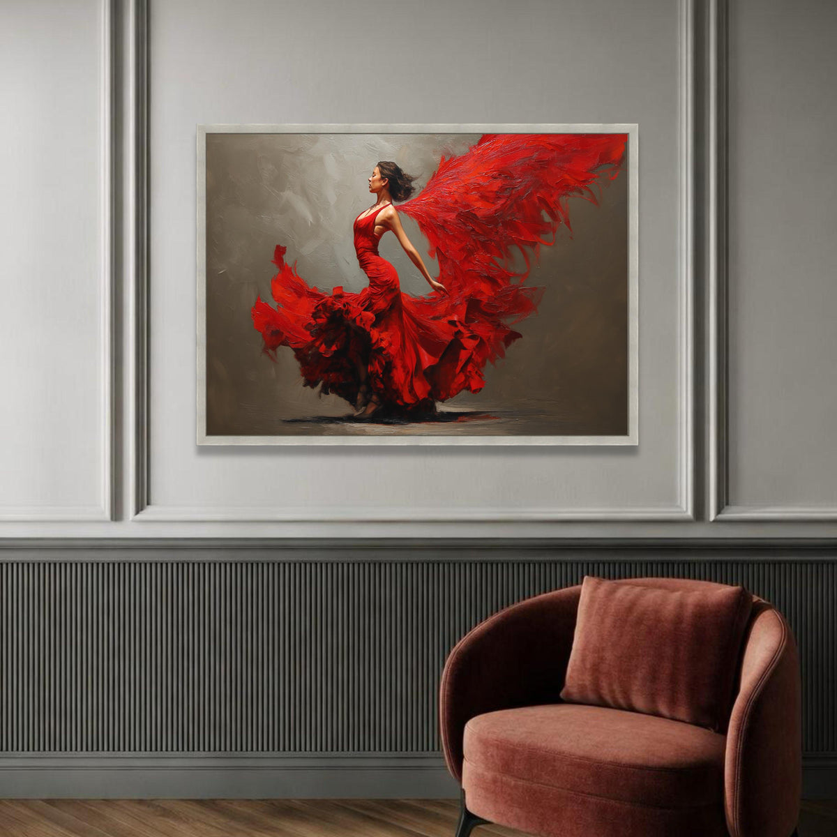 Elegant Flamenco Dancer Canvas Wall Art, Dynamic Red Dress, Feminine Movement, Artistic Home Decor, Dramatic Dance Canvas Luxury Home Decor