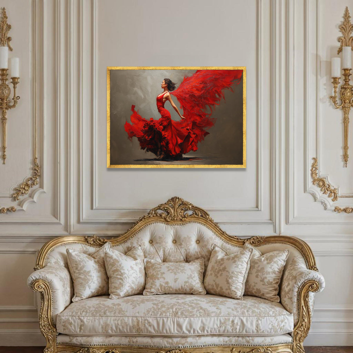 Elegant Flamenco Dancer Canvas Wall Art, Dynamic Red Dress, Feminine Movement, Artistic Home Decor, Dramatic Dance Canvas Luxury Home Decor