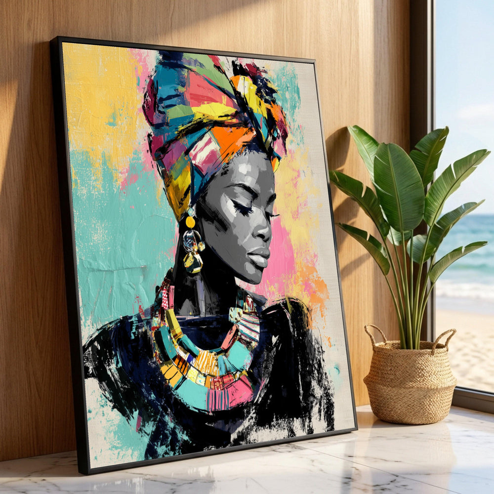 Vibrant African Woman Portrait Canvas, Colorful Headwrap Wall Art, Ethnic Fashion Illustration, Modern Cultural Canvas Luxury Home Decor