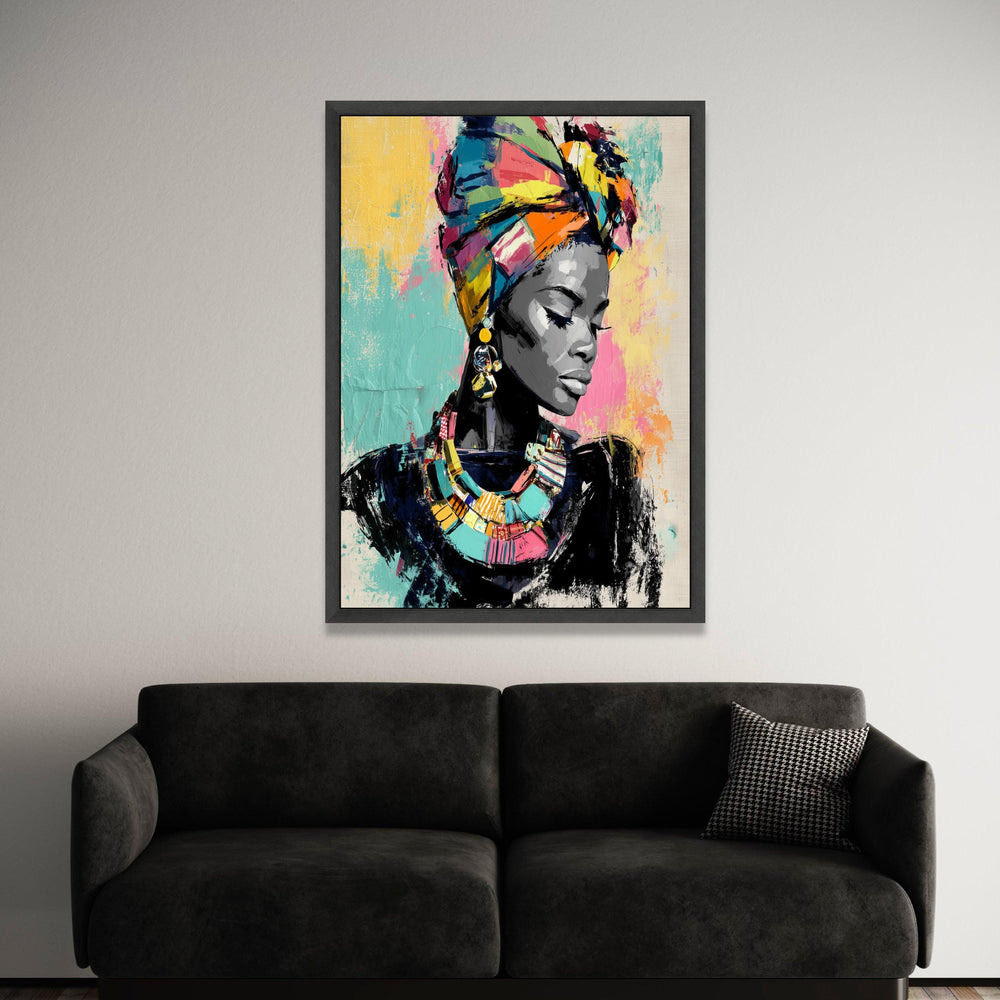 Vibrant African Woman Portrait Canvas, Colorful Headwrap Wall Art, Ethnic Fashion Illustration, Modern Cultural Canvas Luxury Home Decor