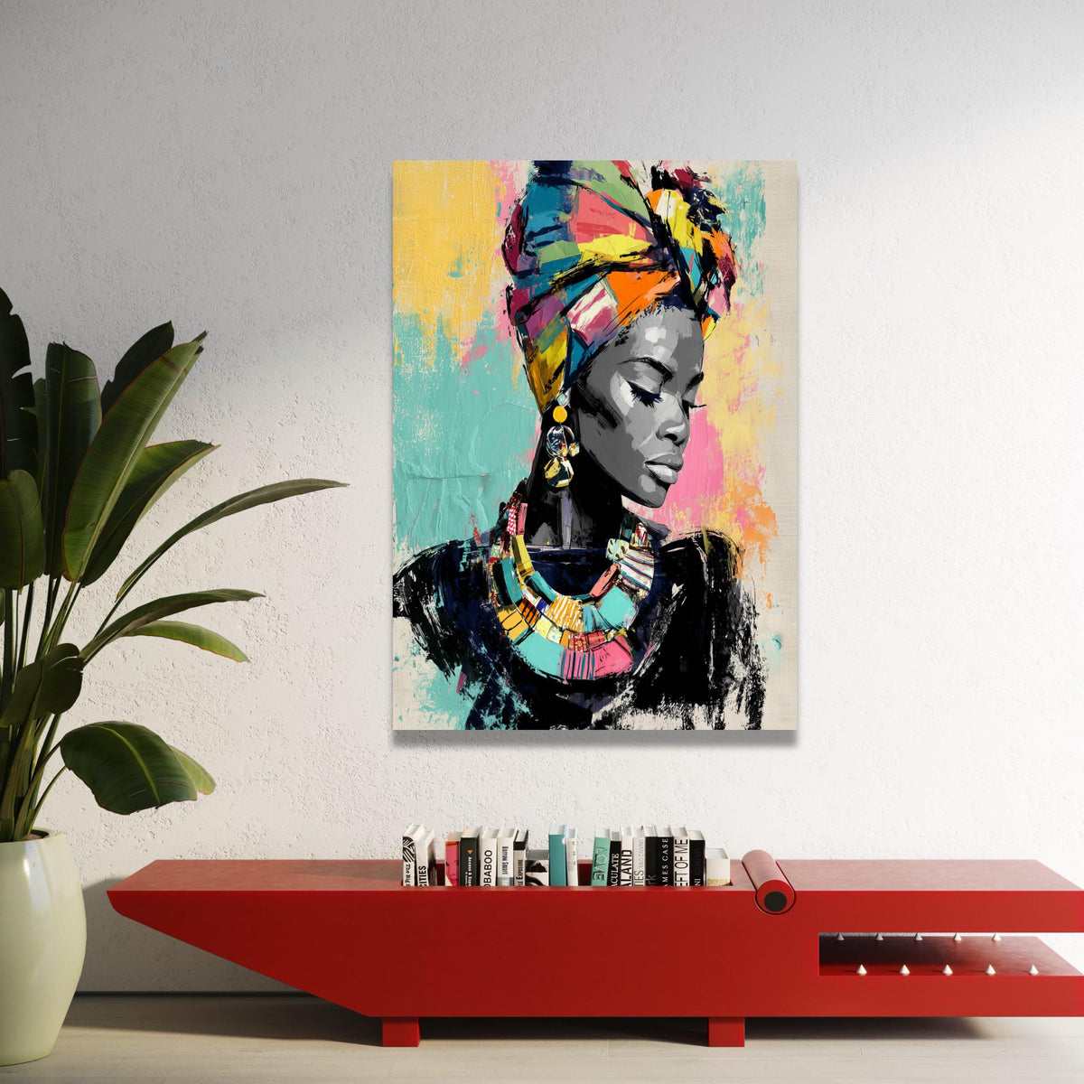 Vibrant African Woman Portrait Canvas, Colorful Headwrap Wall Art, Ethnic Fashion Illustration, Modern Cultural Canvas Luxury Home Decor