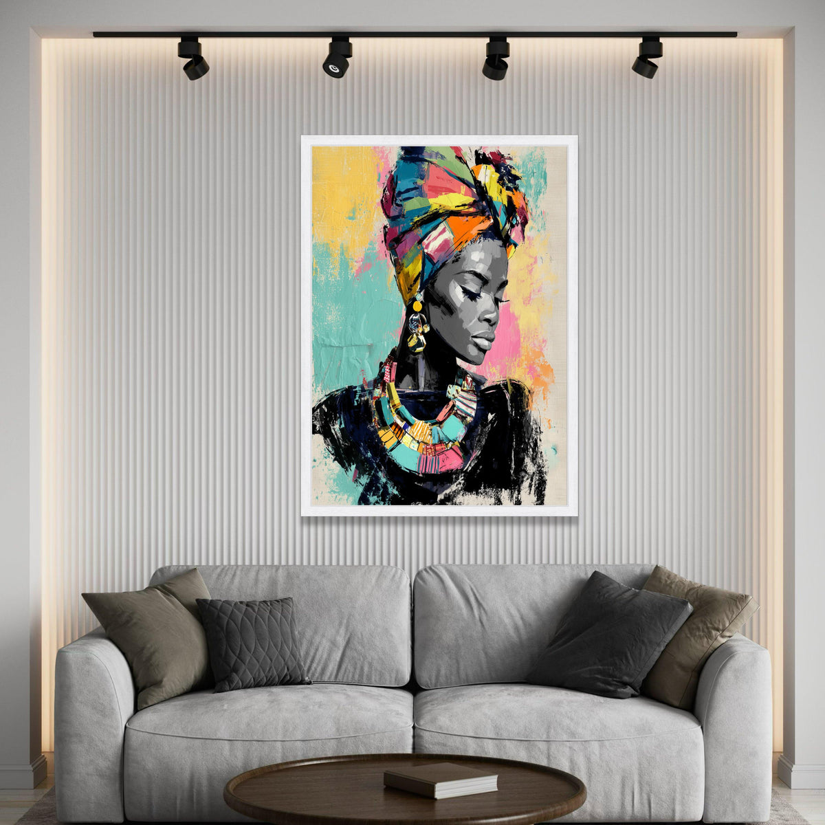 Vibrant African Woman Portrait Canvas, Colorful Headwrap Wall Art, Ethnic Fashion Illustration, Modern Cultural Canvas Luxury Home Decor