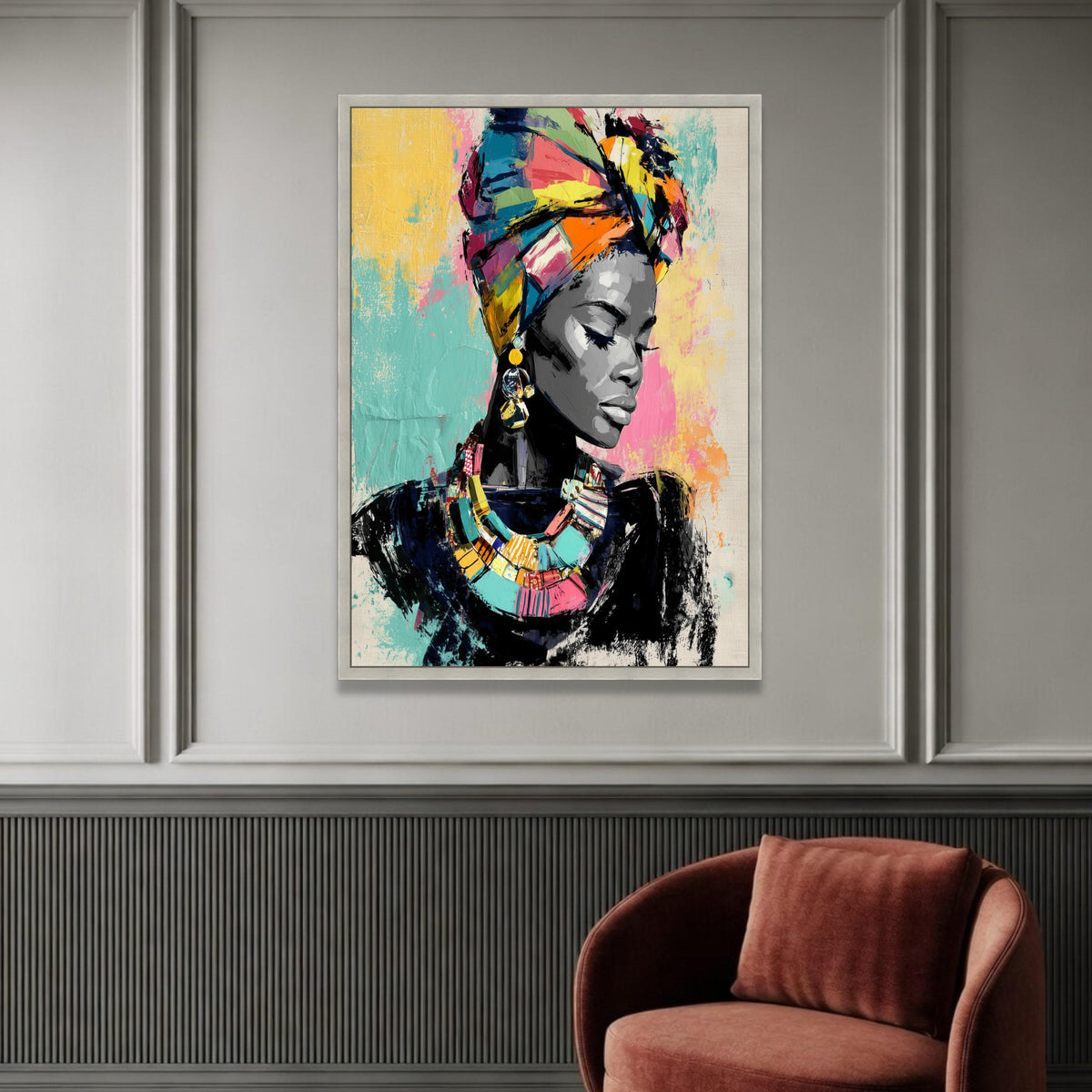 Vibrant African Woman Portrait Canvas, Colorful Headwrap Wall Art, Ethnic Fashion Illustration, Modern Cultural Canvas Luxury Home Decor